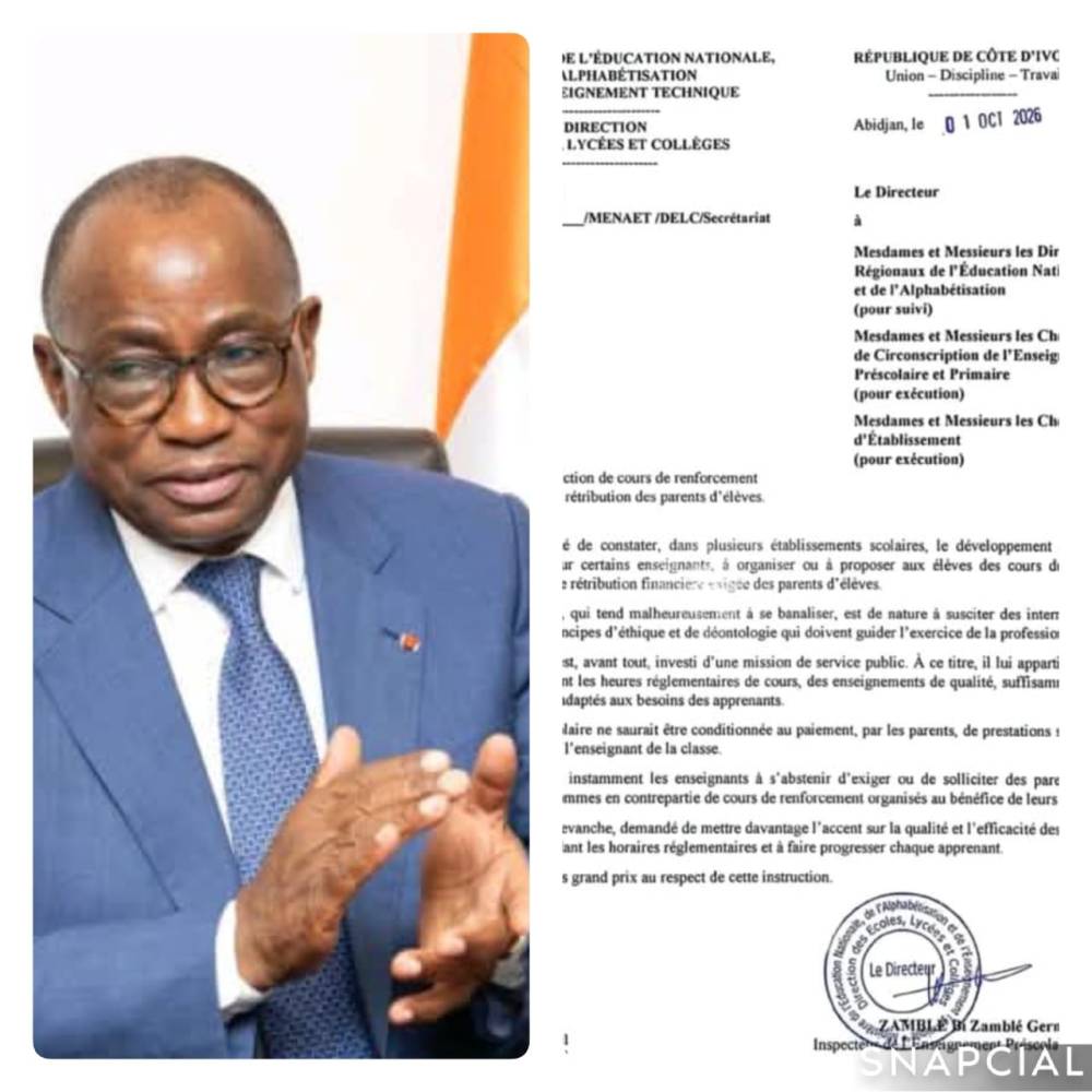 COTE D'IVOIRE : LE MINISTERE DE L'EDUCATION NATIONALE INTERDIT LES COURS DE RENFORCEMENT PAYANTS DANS LES ETABLISSEMENTS SCOLAIRES